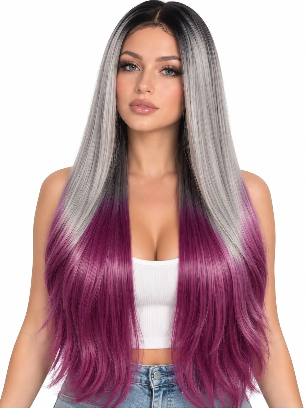 Long Straight Lace Front Wig in Gray to Purple Ombre middle part 26 inches long
